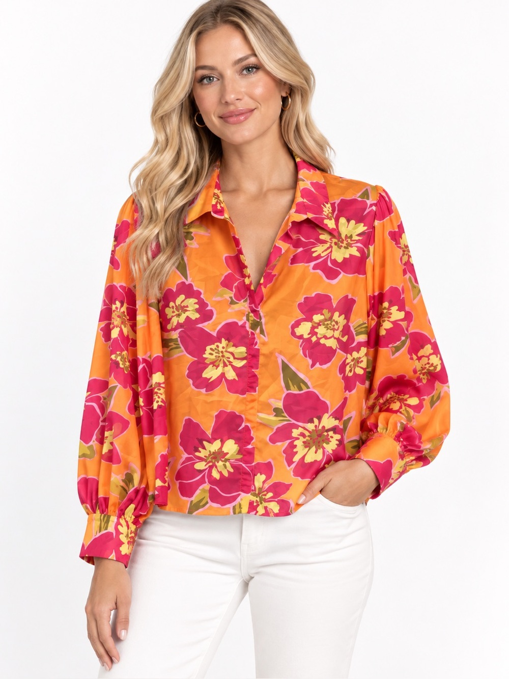 Flying Tomato Floral V-Neck Balloon Sleeve Top - Orange & Pink